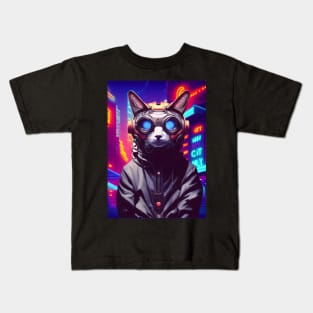 Techno Cat In Japan Neon City Kids T-Shirt